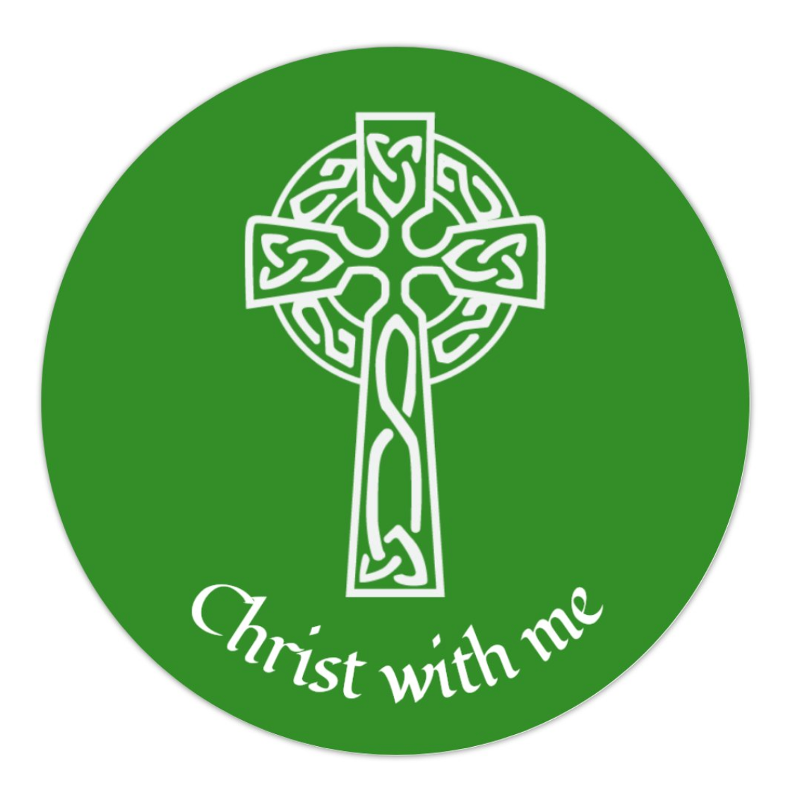 Green circular sticker with a white Celtic cross and 'Christ with me' text