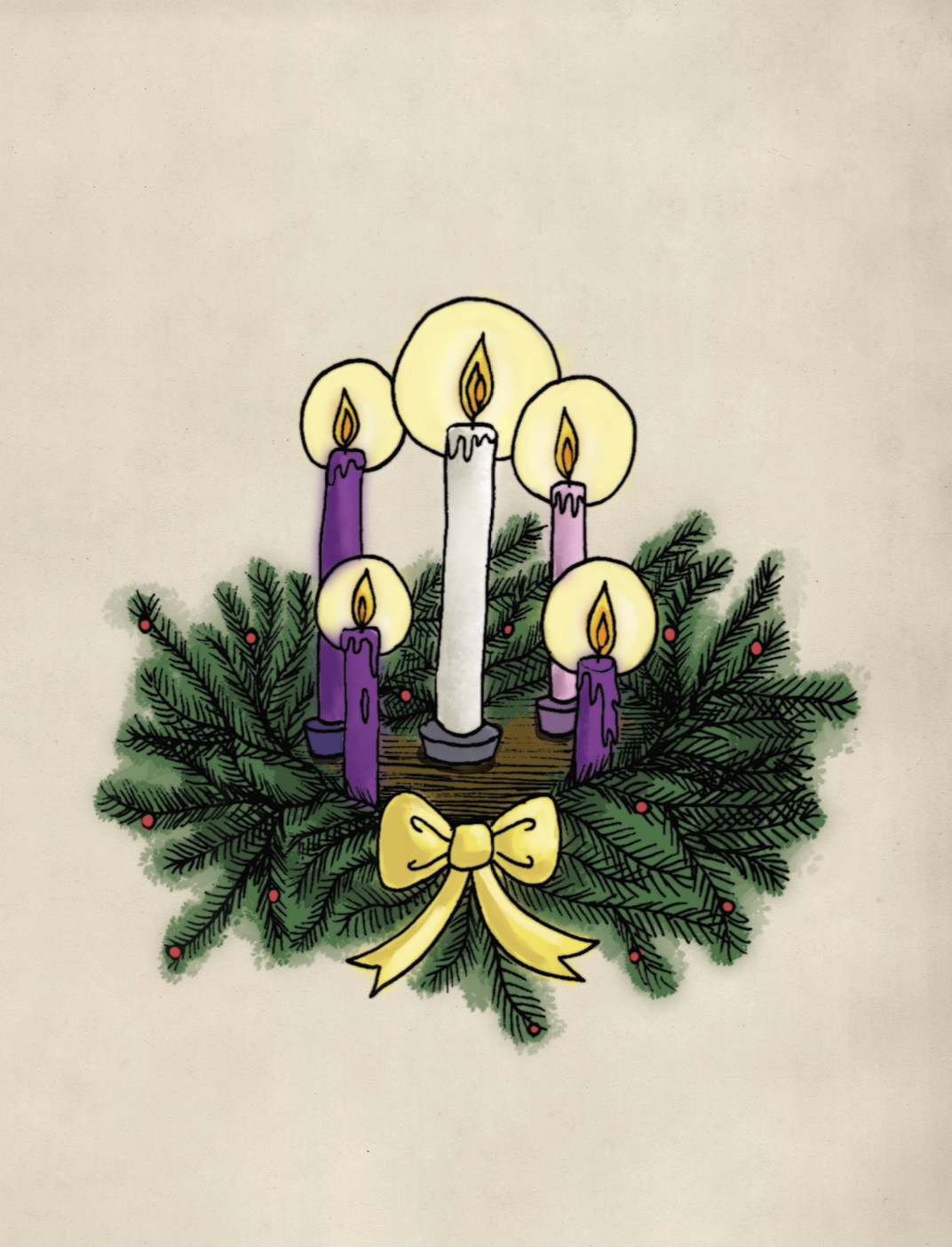 Advent wreath with four candles on a beige background
