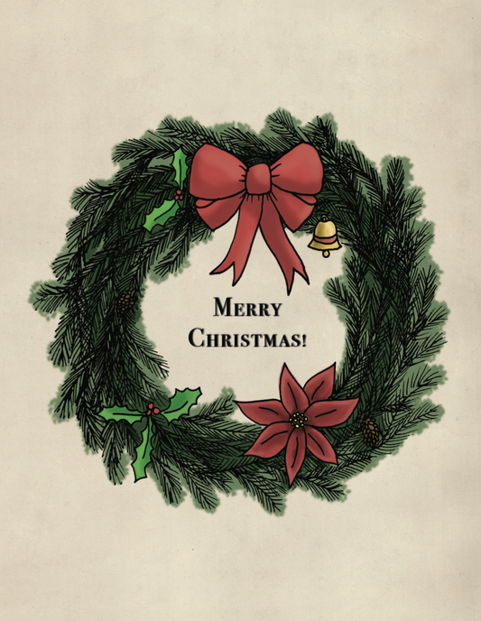 Christmas wreath with a red bow and poinsettia on a beige background