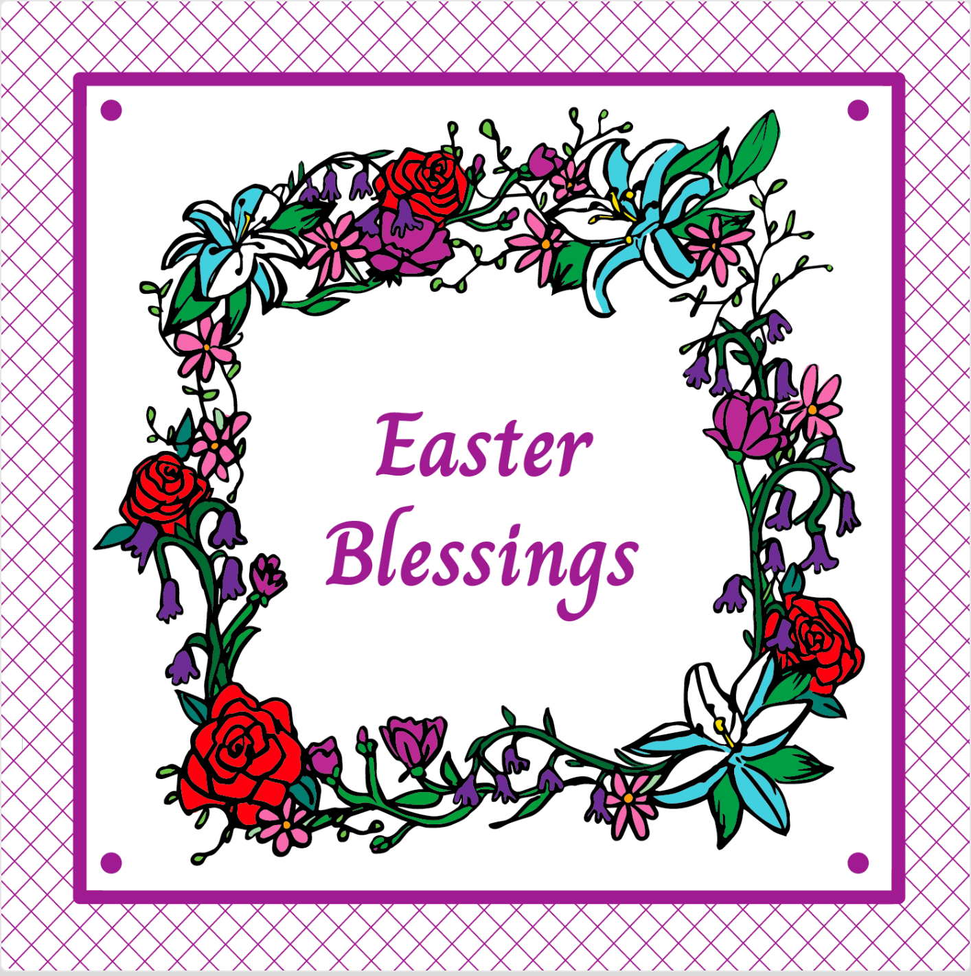 Decorative Easter card with floral wreath and 'Easter Blessings' text on a purple grid background.