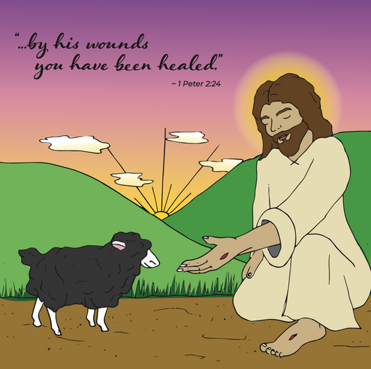 Illustration of Jesus with a lamb and a quote about healing on a colorful background
