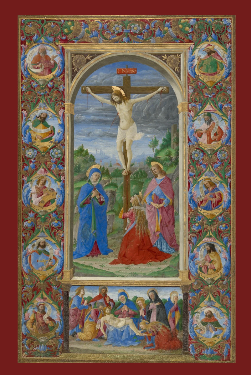 Decorative artwork with a central scene of Jesus on the cross, flanked by Mary and John, with intricate border designs.