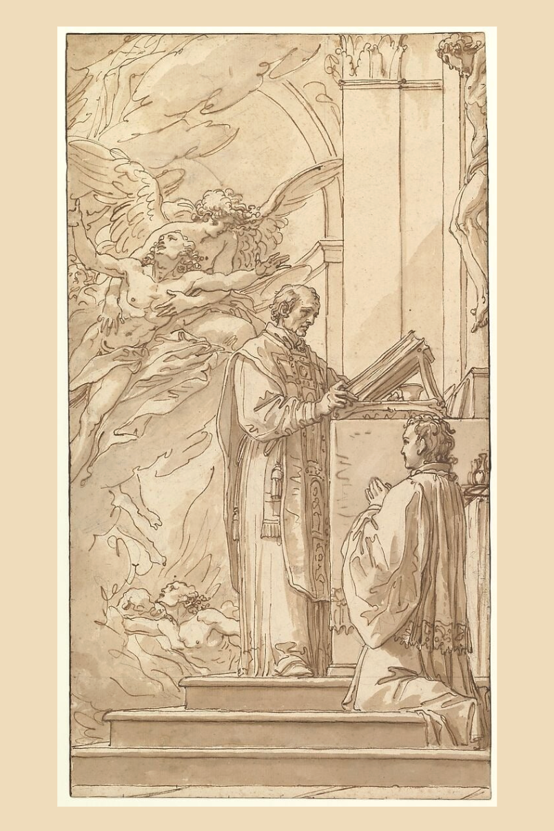 Artistic depiction of priest saying Holy Mass on a beige background