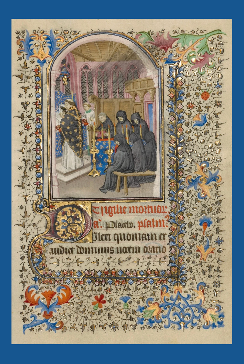 Decorative page with medieval illustration of Holy Mass and intricate border on a blue background