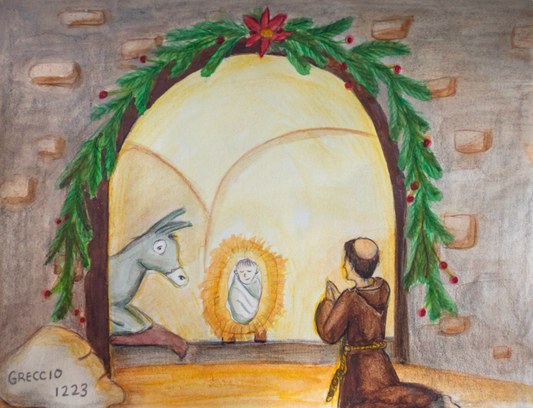 Illustration of a nativity scene with a donkey, baby Jesus in a manger, and St. Francis, framed by Christmas decorations.