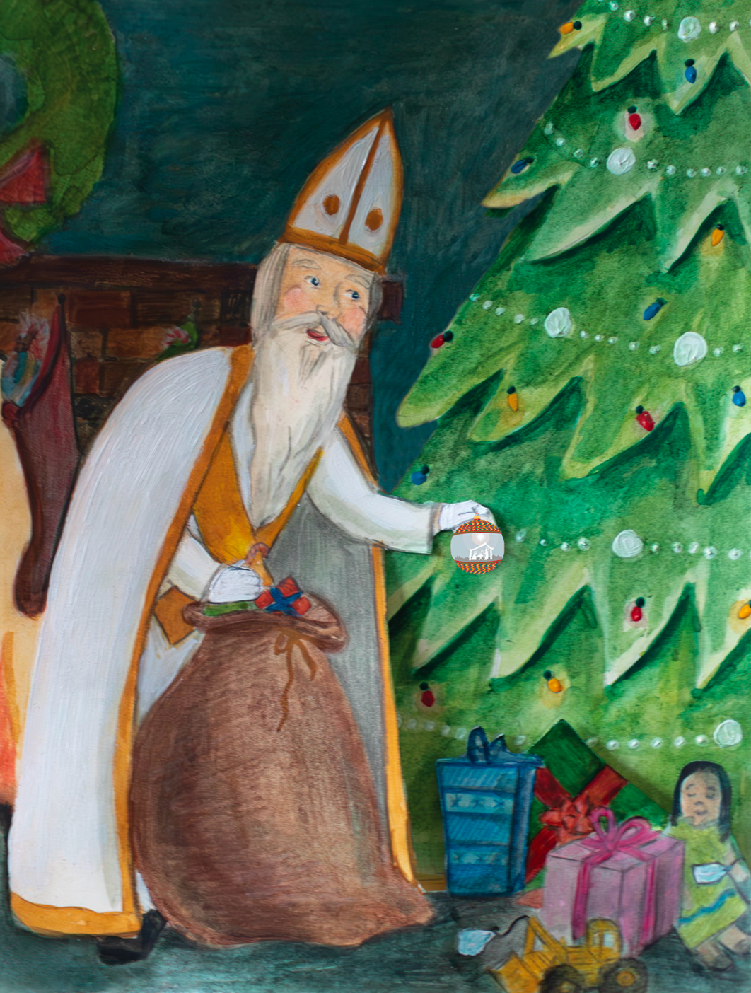 Illustration of St. Nicholas with a sack near a decorated Christmas tree and presents.