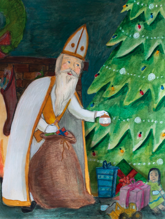 Illustration of St. Nicholas with a sack near a decorated Christmas tree and presents.