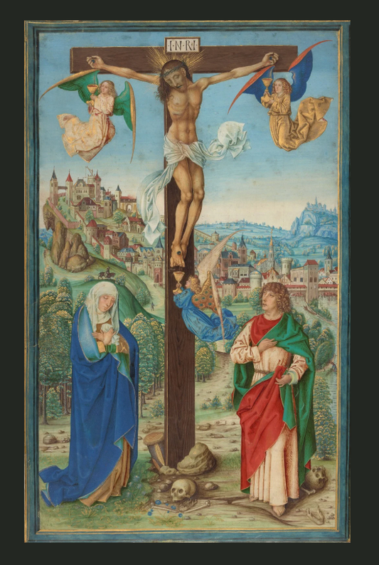 Religious artwork depicting the Crucifixion with Our Lady and St John.