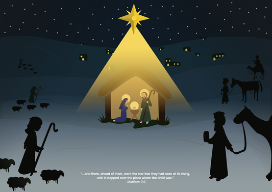 Illustration of a nativity scene with silhouettes against a starry night sky.