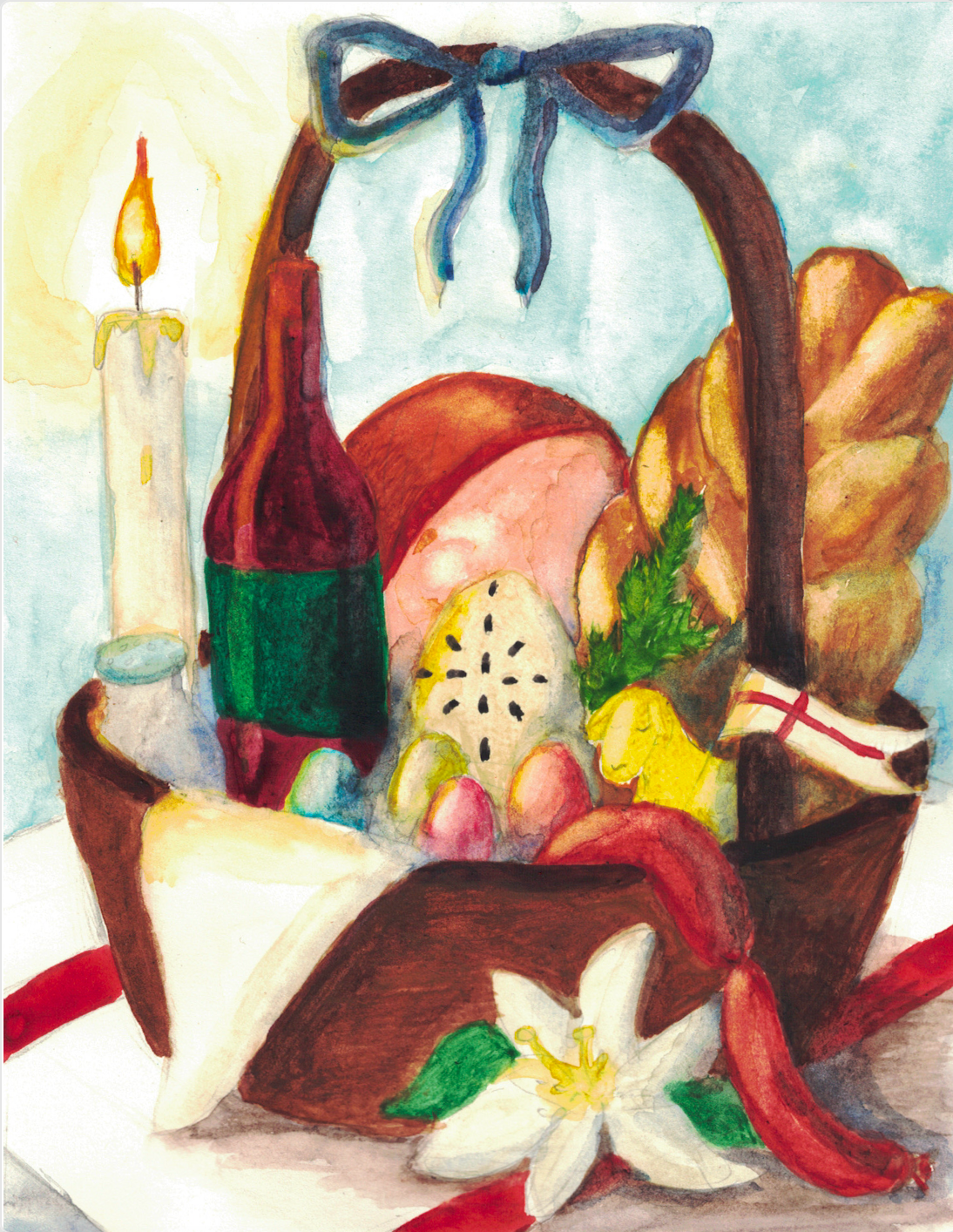 Watercolour illustration of a gift basket with bread, wine, and eggs on a light background
