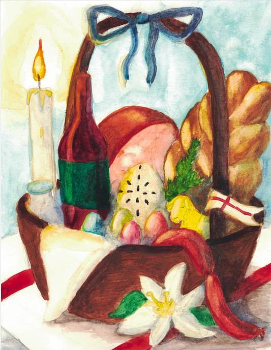 Watercolour illustration of a gift basket with bread, wine, and eggs on a light background