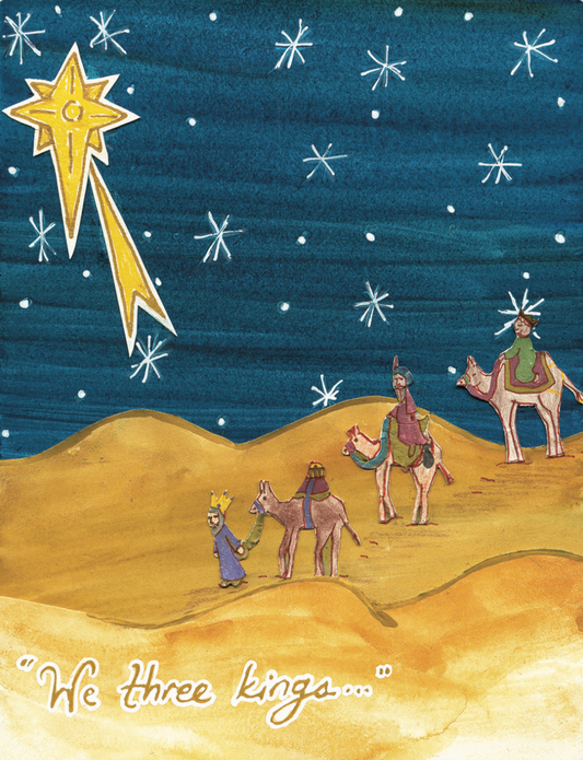 Illustration of three wise men on camels following a star in the night sky.